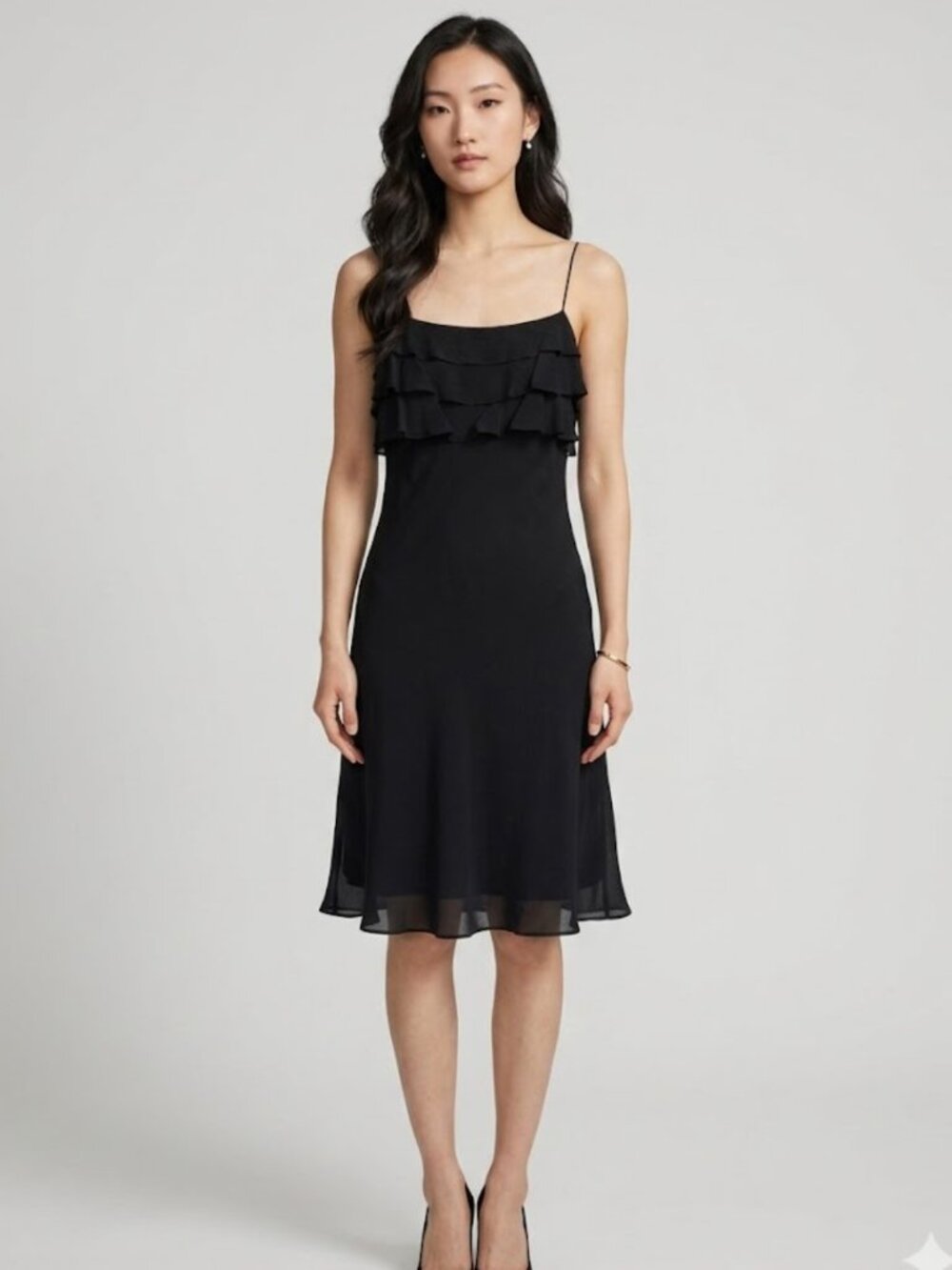 Ann Taylor Loft 100% Silk Black Spaghetti Strap Ruffle Dress